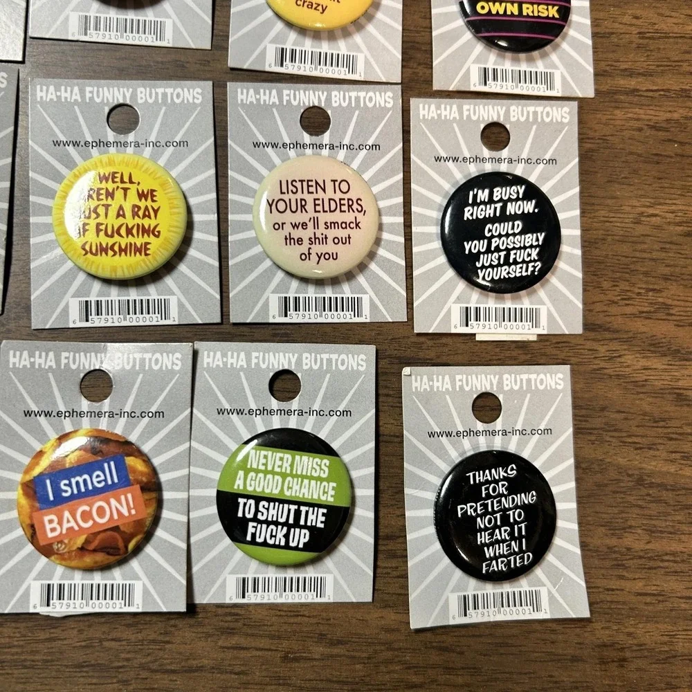 Ephemera‎ Ha-Ha Funny Buttons Pin Lot of 24 Multicolor NEW Sarcastic Snarky